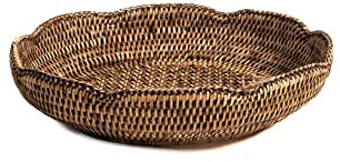 H&H Cestino Tondo in Rattan Naturale con Bordo – Ø30x6h cm – Realizzato a Mano, Colore Marrone – Centrotavola Decorativo o Portafrutta Elegante