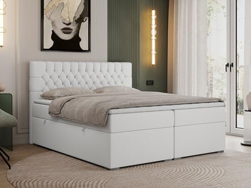 MKS MEBLE Boxspringbett 160x200 cm mit Bettkasten, Premium Multipocket Matratze H3 mit Topper T25, Doppelbett mit Kopfteil PERA - Weiß Kunstleder