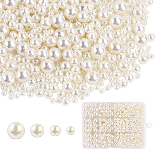 1480Pcs White Pearl Beads for Crafting, 4 6 8 10mm Round Pearls | Various Size Mixed Acrylic White Beads for Bracelet Jewellery Earring Necklace Making DIY