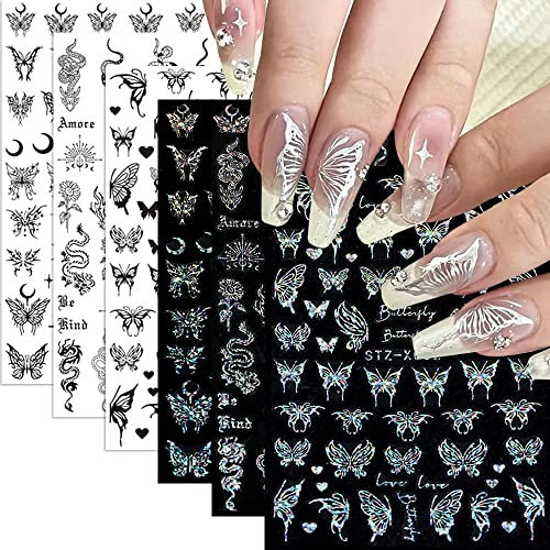 Nagelsticker Selbstklebend, Schmetterling Nagel Aufkleber Laser Silber Schwarz Frühling Nagelsticker 3D Glitzer Silber Schlange Nagelaufkleber DIY Maniküre Dekoration(6Blatt)