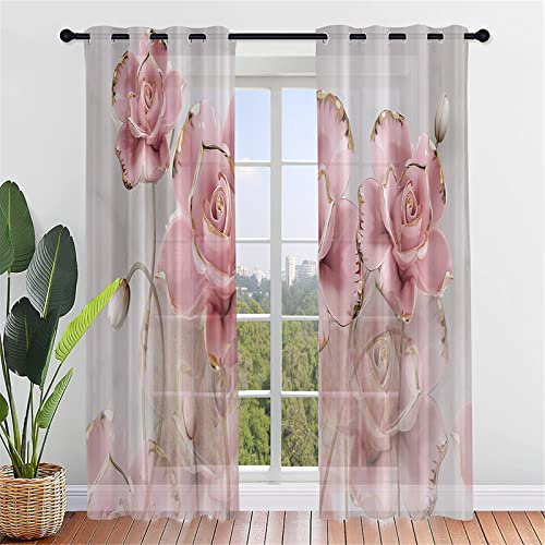 Hiseng Schiebegardinen Voile Vorhang Gardinen 2er Set, Rose Blume Druck Sheer Schiebevorhänge Lichtdurchlässig Flächenvorhänge für Wohnzimmer Schlafzimmer Fensterschal (140x244cm,Goldene Rose)