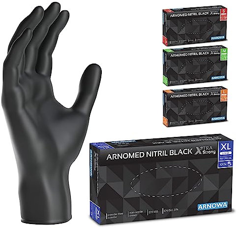 ARNOMED Gants jetables Noir Extra Fort, Gants nitrile taille XL, 50% plus épais, 100 p./boîte, Gants jetables non poudrés, Gants en nitrile mecanique sans latex, gant jetable en tailles S, M, L & XL