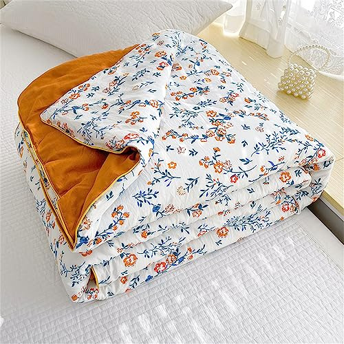 Surwin Tagesdecke Bettüberwurf Pastoral Floral Druck mit Einfarbig Reversibel Steppdecke Weich Bequem Atmungsaktiv Sommer Quilt Doppelbett Einzelbett Decke Sofaüberwurf (orange blumig,200x230cm)
