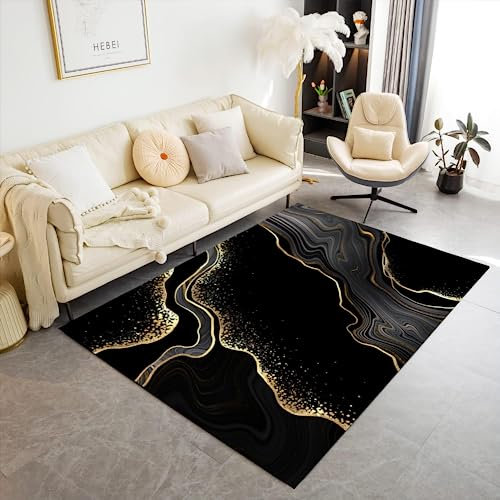 Teppich Schlafzimmer Weich Teppich Wohnzimmer Marmor Tepich Moderne Küche Flur Bettvorleger Marmor Aus Schwarzer Goldlinie Kinderteppich rutschfest Waschbarer Teppich Innenbereich 200x300 cm