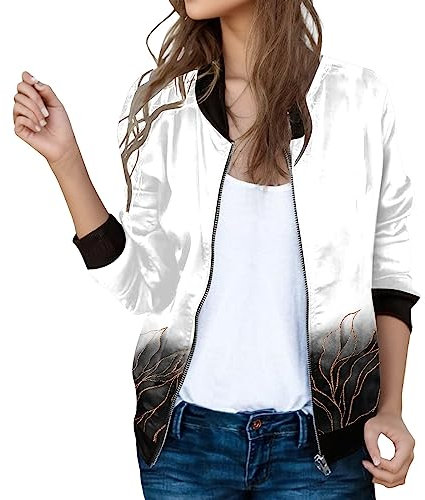 sutelang lurryly Blouson Leger Femme Veste Moto Imprimé Zippé Automne Hiver Bomber Blouson et Élégante Manteau Décontracté Col Montant Court Sport Vêtements D'Extérieur Fermeture Éclair Hauts 1-blanc