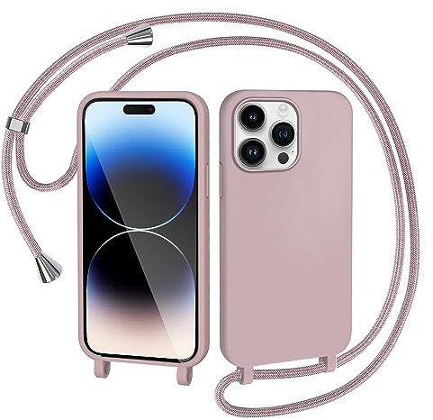 AOMYKE Coque pour iPhone 14 Pro Max avec Cordon, Collier Étui Silicone Liquide avec Tour de Cou Lanière en Corde Souple TPU Antichoc Housse - Rose