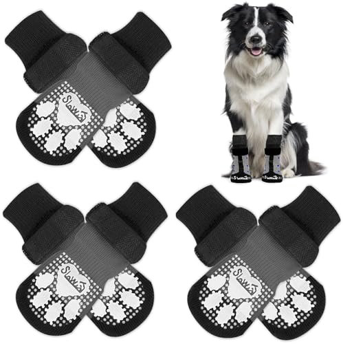 Eyein 3 Paar Doppelseitige Anti-Rutsch Socken für Hunde, Weiche Hundesocken Pfotenschutz mit verstellbarem Klettverschluss für Hartholzböden in Innenräumen, Schwarz, S