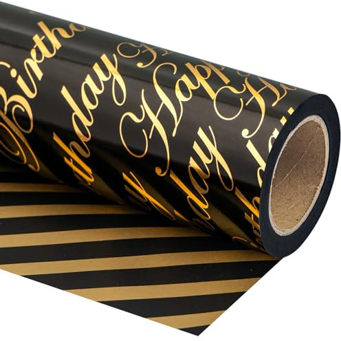 Holijolly Papier d'emballage d'anniversaire réversible - Mini rouleau - 43.2CM×10M - Lettres noires et dorées Happy Birthday pour anniversaire, vacances, fête, baby shower