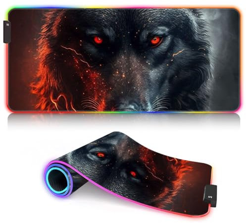 Tapis de Souris de Jeu RGB avec Base en Caoutchouc antidérapant, Extra Large, Cool XL, Accessoires de Jeu, éclairage LED, Grand Tapis de Souris étendu pour Gamer Wolf 30 x 80 cm