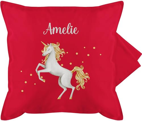 Kissenbezug - Einhörner - Einhorn Unicorn - 50 x 50 cm - Rot - kissen einhornkissen unicorns und sitzkissen kinderkissen kindergarten einhörnern polster personalisierte personalisierter motiv name