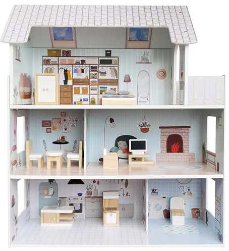 4iQ Group Puppenhaus aus Holz 70x24x60cm - Puppenhaus ab 3 Jahre Mädchen - Groß Haus mit 3 Etagen - Dollhouse mit Möbeln und Zubehör