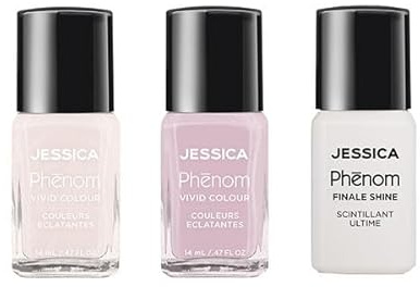 JESSICA Phēnom Internal Reflection Collection 3-Pack Nail Polish Gift Set | Heaven Sent, Pale Pink with a Soft Shimmer Finish + Dream On Vivid Colour, Pearly Lilac + Finale Shine Top Coat | 3 x 14ml