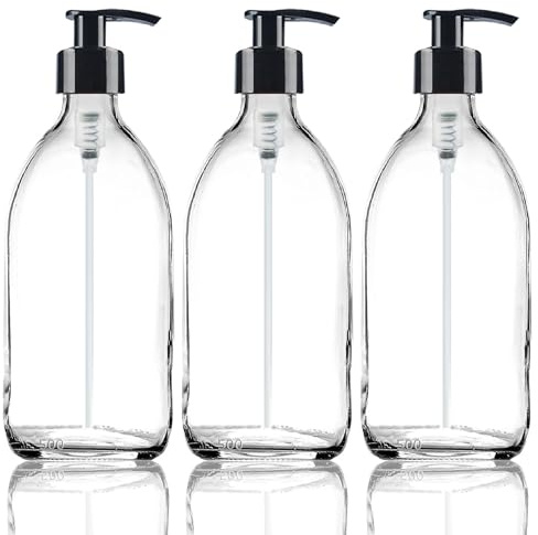 Fam Organic 500ml Clear Glass Bottle with Plastic Pump Soap Dispenser Refillable for Lotion, shampoo, conditioner, Body wash, Hand Wash. BPA Free - Eco Friendly (Clear 500ml - Black Pump - Pack of 3)