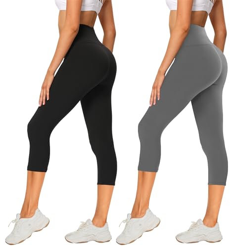 AMIYOYO 2er Pack Leggings Damen 3/4 High Waist Capri Leggins Blickdicht Kurze Sporthose Elastische Bauchweg Hosen für Yoga Fitness Outdoor Freizeit