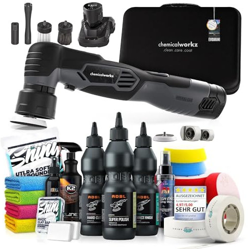 Poliermaschinen Set: chemicalworkz EVO Mini Akku Poliermaschine + ADBL Politur Set + Royal Pads Premium Polierpads + Dr. Wack Versiegelung für Lack + Zubehör | 20-teilig