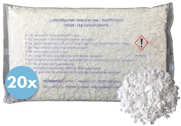 reilo 20x 1kg loses Luftentfeuchter Granulat, Nachfüllpack | Loses Calciumchlorid-Granulat für passende Entfeuchterboxen – gegen Feuchtigkeit & Schimmel in Wohnraum, Keller, Auto