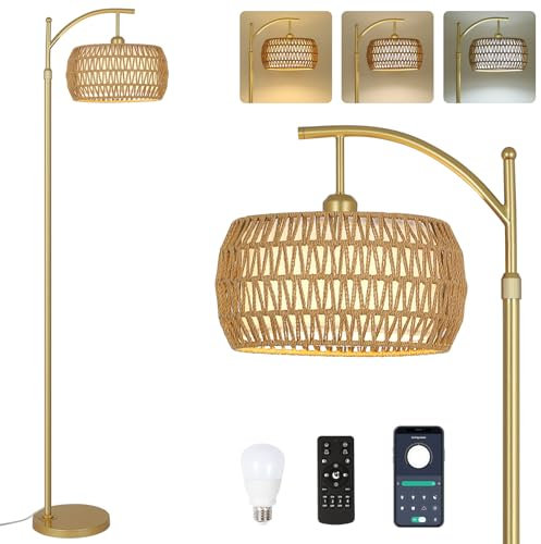 Rayofly Gold Lampadaire Salon, Lampadaire en Rotin à Intensité Variable avec Télécommande, Contrôle App, Lampadaire avec Abat-jour en Rotin, Lampadaire Boho pour Chambre, Bureau (ampoule incluse)