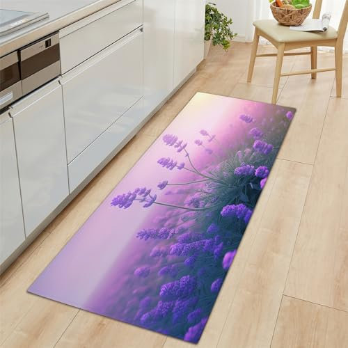 Generic Küchenläufer Lila Küchenmatte 60x180 cm, Lavendel Pflanzen rutschfest Waschbar Küchenteppich Teppich Läufer Küche, Anti-Müdigkeit Teppichläufer, Staubdicht Fußmatte