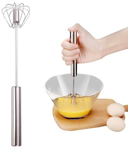 Halbautomatischer Schneebesen aus Edelstahl, Schneebesen Edelstahl, Halbautomatischer Schneebesen aus Edelstahl, Drehbarer Push Mixer Rührer zum Schneebesen, Schlagen, Rühren (10in)