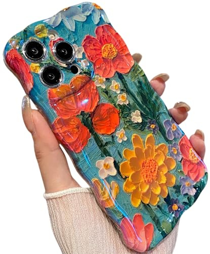 Amytor for iPhone 12 Pro Max Case, Colorful Retro Oil Painting Printed Flower Laser Glossy Pattern Cute Curly Wave Edge Exquisite Phone Cover Stylish Durable TPU Protective Case (Red Yellow Blue)