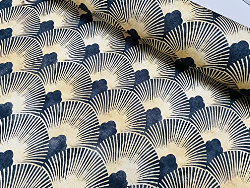 Generic Art Deco Geometric Damask Floral Fan Fabric Fountain Leaf - Curtain Upholstery Home Decor - 140cm Wide - Gold & Black (2 Metres)