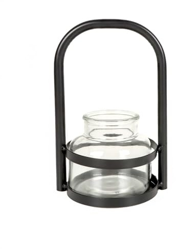 Windlicht im Metallständer, Glas-Einsatz für Teelichter oder Stumpenkerzen, im Industrial-Design, zum Stellen oder Hängen, H 26 cm