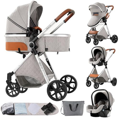NADDLILY Kinderwagen 3 in 1, Buggy mit Umkehrbarem Zwei-Wege-Schub, Kombikinderwagen mit Faltbarem Tragbarem One-Click-Design, Kinderwagen 3 in 1 Komplettset mit Zubehör (V9 Light Grey)