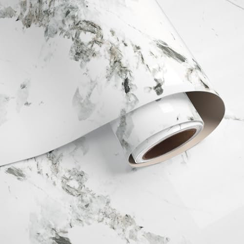 VaryPaper Papier Peint Marbre Blanc Brillant 40cmx200cm Adhesif pour Meuble Marbre Rouleau Adhesif Decoratif Revetement Plan de Travail Cuisine Papier Peint Salle de Bain Salon Autocollant Meuble