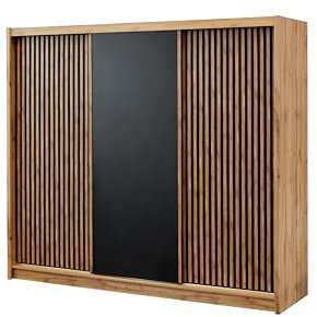 Easy4You London Eiche Wotan/Schwarz Kleiderschrank Schiebetüren 250x215x60 cm ohne Spiegel - Schlafzimmermöbel, Aufbewahrung – Mehrzweckschrank Geriffelte Fronten
