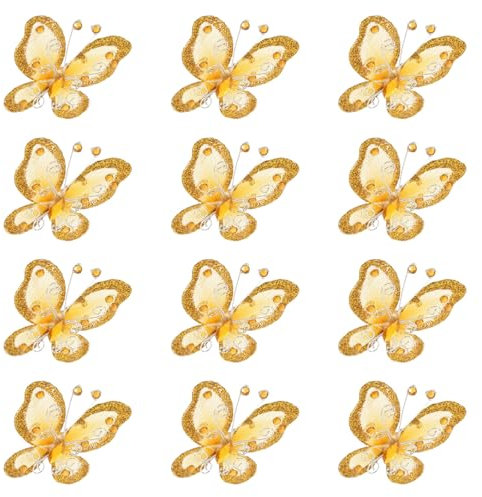 PATIKIL 12 Stück Schmetterlinge für Bastelarbeiten, 2,2 Mesh Draht Glitzer Schmetterlinge aus Organza für DIY Bastelarbeiten Zuhause Dekoration Kleidung Hochzeit Dekoration, Golden