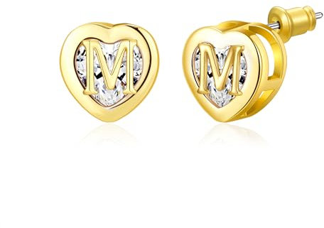 Herz Initial Ohrstecker 14K Gold plattiert CZ Hypoallergen Alphabet Buchstabe Initial Ohrringe Geburtstag Geschenke für Frauen(M)