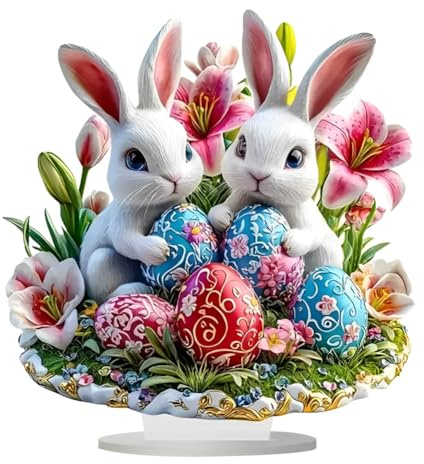 iSpchen 2D Acryl Osterhase Dekor, Osterhasen Statue Frühlings Innendekoration Osterdekoration für den Urlaub, 2D flachen Kaninchen Ostereier Häschen Dekor Ostern Festliche Acryl Tisch Häschen Dekor