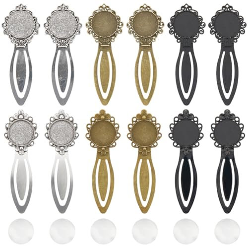 SUNNYCLUE 1 Box 6 Stück 3 Farben Retro Vintage Lesezeichen Lesezeichen Aus Metall Vintage Schwarz Bronze Silber Tablett Lünette Blanke Buchzeichen Befunde Mit Klaren Glas Cabochons Für Frauen Und Män