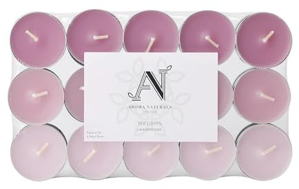 Aroma Naturals London Scented Tealight Candles Bag | 4 Hour Burn Time | Standard Size D3.77 x H1.45cm | Three Tone Coloured Wax & Aluminium Cups | Pack of 30 Tea Lights Scent (Lavender Sage)
