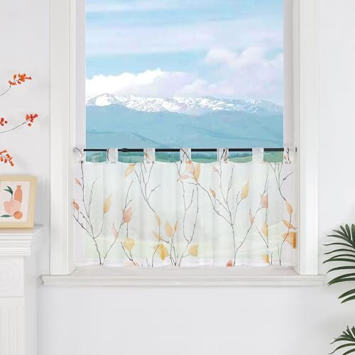 Delien Scheibengardinen Küche Bistrogardine Modern B120 x H45 cm, Orange | 1 Stück,Mit Schlaufen,Mit Blattmuster,Transparente Kurzstores,Leicht,Luftig,pflegeleicht,Kurz Schals für Klein Fenster