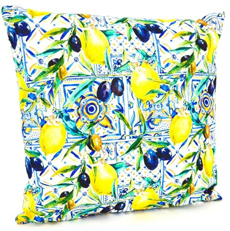 heimtexland ® Outdoor Deko Kissen 45x45 wetterfest Gartenkissen mit Füllung Lounge Dekokissen wasserabweisend Outdoorkissen Gartenkissen mediterran Bedruckt Typ913 Zitrone