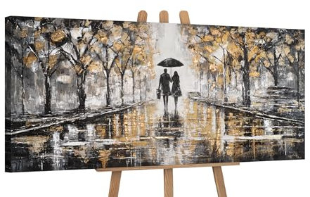 YS-Art Herbst Acryl Gemälde auf Leinwand mit Gold akzenten handgemalt Wandbild Wohnzimmer modern Wohndekor Bilder für wohnzimmer 115x50 cm