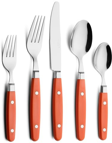 ANNOVA Ensemble de couverts/couverts en acier inoxydable avec poignées de couleur et rivets/style rétro. (Orange, 20 Pieces)