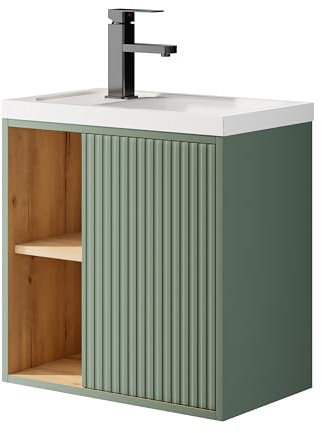 UEV Waschtisch mit Unterschrank hängend 50,5cm,Gäste-WC Waschtisch kleine, Waschbecken mit Wasserhahn, Waschtischunterschrank hängend, Waschplatz ausreichend Stauraum,Badmöbel Set für Badezimmer grün