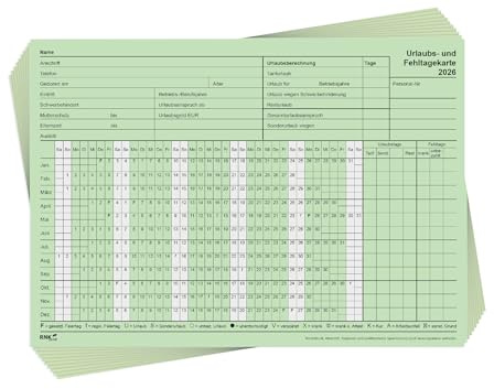 RNKVERLAG Urlaubs- und Fehltagekarte 2026, tabellarische Darstellung, im DIN A5 querformat aus Karteikarton, 10 Stück