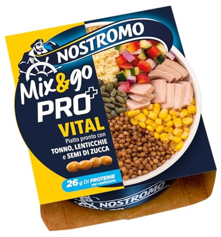 Mix&Go VITAL PRO+ di Nostromo – Tonno con Lenticchie, Bulgur, Verdure e Semi di Zucca – Piatto Pronto Equilibrato, Ricco di Fibre e Proteine – 1 Confezione da 190g