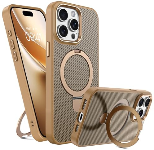 GUAGUA Magnetisch Handyhülle für iPhone 15 Pro Hülle [Kompatibel mit MagSafe] mit Ring Ständer Carbon Fiber Muster Stoßfest Schutzhülle Case für iPhone 15 Pro (6,1'') Titan Wüstensand