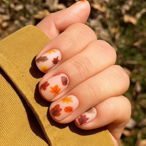 Stick On False Nails, Short Square, 24-Piece Pink Autumn Leaf Design | Orange, Yellow, Red, Brown And Dark Leaf Details, For Everyday Manicures, Seasonal Outfits And Autumn Events