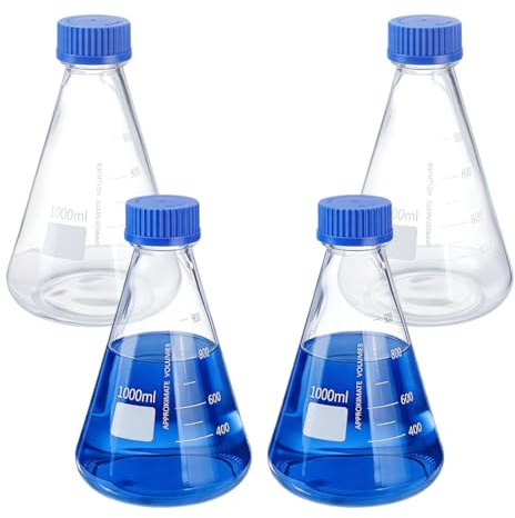 OLYCRAFT 4 Pcs Erlenmeyer Flask Set with Blue Cap 1000ml Glass Laboratory Erlenmeyer Flask with Printed Graduation Glass Conical Flasks Conical Bottles with Blue Cap for Laboratory Experiment