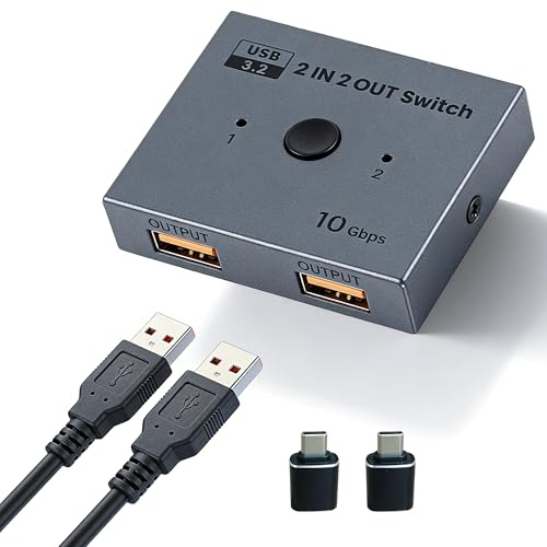 USB 3.2 Switch 2 in 2 Out, 10Gbps USB Switcher for 2 Computers, Printer Splitter USB Peripheral Selector for Keyboard Mouse Scanner, Plug & Play with 2 USB 3.2 Cables & Type-C OTG