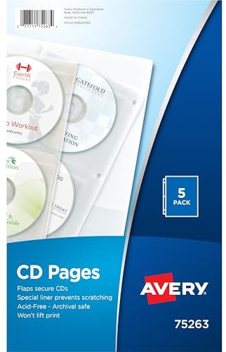 Avery 75263 Two-Sided CD Organizer Sheets for Three-Ring Binder (Pack of 5) - White