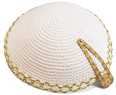 Gestrickte 17cm Weiß gesticktes Gold-Kippah jüdischen Judaica Cap Yarmulke
