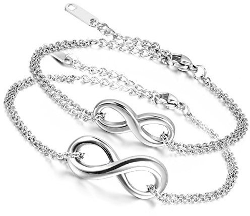Flongo Unendlichkeit Armband EIN Paar Verstellbar Freundschaftsarmband Partner Armband Edelstahl Armbänder Fußkettchen bedeuten endlose Freundschaft Silber BFF Armbänder Damen