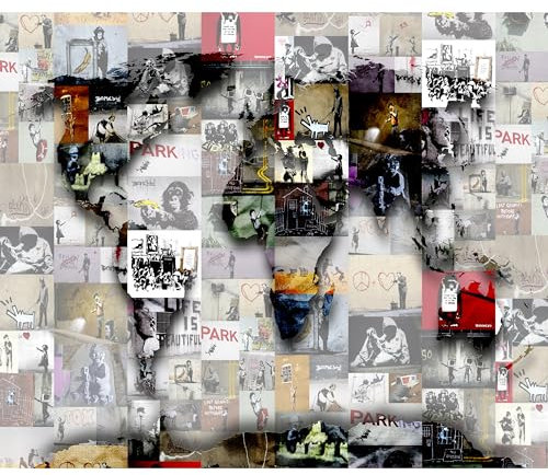 Fototapete murando 400x280 cm Vlies Tapeten Wandtapete XXL Moderne Wanddeko Design Wand Dekoration Wohnzimmer Schlafzimmer Büro Flur Weltkarte Banksy Abstrakt Continente Welt Graffiti