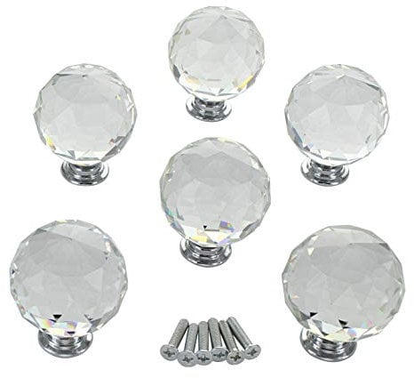 G Decor Clear Round Crystal Glass and Chrome Door Knobs Set, Vintage, Shabby Chic, Interior Furniture, Kitchen Bathroom Bedroom Accessories, Cabinet Cupboard Drawers Pulls Handles, 40mm (6-Pack)